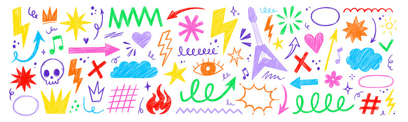 Aufkleber - Hand drawn rock punk music star grunge heart doodle icon element set. Crayon brush stroke hand drawn line sketch style doodle rock punk star, heart shape. Crayon scribble music vector illustration