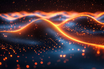 Poster - a digital abstraction showing wavy surfaces illuminated by bright orange lines and dots resembling particles of light. T 