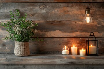 Wall Mural - Cozy interior scene with candles, a plant, and warm lighting on a wooden shelf creating a serene ambiance