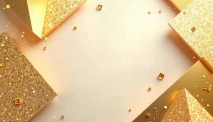 Poster - Abstract geometric shapes in gold, glittery textures create luxurious background. Stylish design features subtle glittery textures, sparkling geometric shapes on gold backdrop. Modern aesthetic,