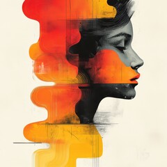 Wall Mural - Abstract Artistic Portrait Featuring a Surrealist Profile of a Woman with Vivid Red and Orange Paint Strokes Conveying Emotion and Creativity