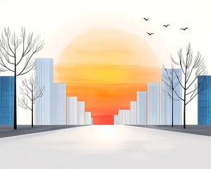 Wall Mural - Sunset Over Urban Landscape with Minimalist Design