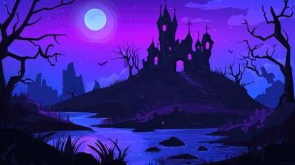 Wall Mural - Silhouette of a Gothic Castle on a Hill Under a Full Moon