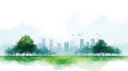 Wall Mural - Urban Landscape with Green Trees and City Skyline