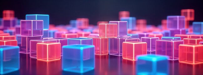 Aufkleber - Abstract neon cubes in vibrant colors. Colorful glowing geometric blocks create futuristic design. Transparent 3D cubes stacked, scattered. Dark background shows depth, perspective. Illuminated