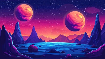 A Vibrant Alien Landscape with Two Planets in the Night Sky