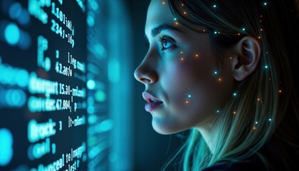 Poster - Woman face on computer screen with tech lights, numbers. Futuristic, technological image. Focus on woman face. Digital interface displays data. Woman looks attentively at screen. Concept of AI, cyber