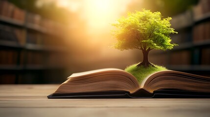 Aufkleber - A grand world philosophy day concept featuring a towering tree of knowledge emerging from the pages of an open vintage book in a vast library filled with timeless philosophical works inspiring