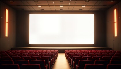 Aufkleber - Empty auditorium with large white screen. Modern design with warm tones. Pro setup. Suitable for presentations, conferences, events. Spacious, well-lit space. Real photo style. Prepared for