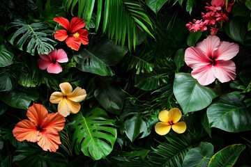 Wall Mural - Vibrant tropical flowers in lush green foliage, creating a serene and colorful nature backdrop