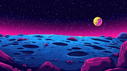 a cartoon depiction of a planet's surface at night with craters, rocks, and a moon in the sky