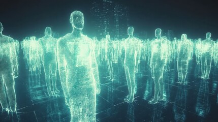 Poster - hologram people crowd standing in futuristic city metaverse, concept of virtual reality, augmented r