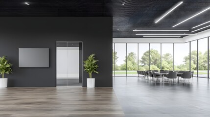 Poster - A beautifully designed modern conference room featuring polished wooden floors transparent glass partitions and ergonomic contemporary furniture in a well lit and spacious corporate office setting
