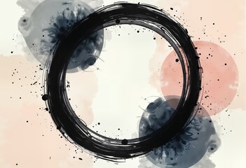 Poster - Abstract art piece. Hand drawn black ink brush stroke circle. Pastel background. Pastel colors. Round shapes, circles. Modern design element. Simple illustration. Suitable for design projects. Trendy