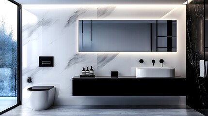 Poster - elegant and minimalist bathroom design with clean lines matte black fittings white porcelain and gra