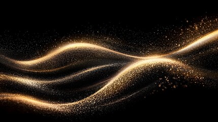 Poster - Elegant golden shimmer particles swirling in a mesmerizing wave pattern against a dark opulent background creating a luxurious and festive aesthetic