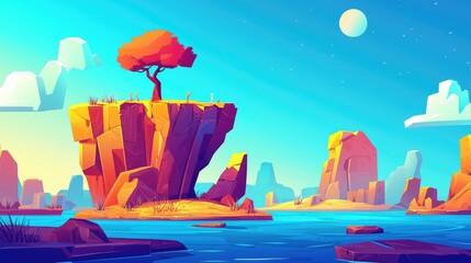 Wall Mural - A Single Tree Stands on a Rock Formation Overlooking a Calm Blue Lake