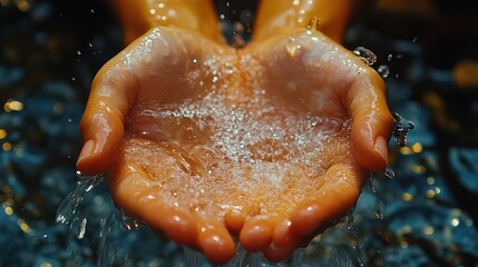 Closeup of Man's Hands Washing Under Flowing Faucet in Bathroom Sink Checking Water Temperature