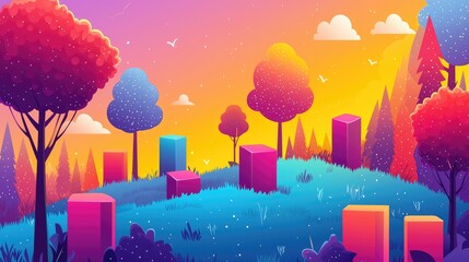 Wall Mural - Colorful Forest Landscape with Geometric Shapes