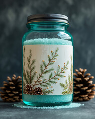 Wall Mural - Nature themed spa commercial banner featuring a turquoise sea salt glass bottle with pine cones and tranquil background beauty poster advertisement