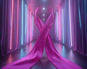 Poster - Pink ribbon in neon-lit corridor.