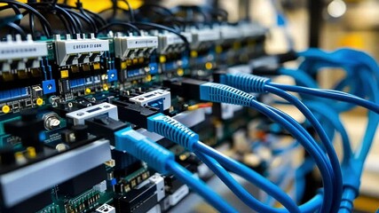 Poster - close up of blue network cables connecting server racks, illustrating data transmission and storage 
