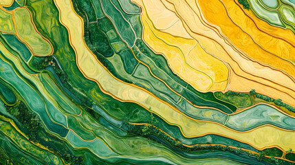 Canvas Print - Aerial view of lush green and golden yellow rice fields, agriculture, landscape, aerial, vibrant, rural, farm. Amber Grove. Illustration