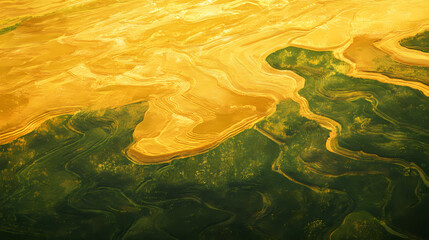 Canvas Print - Aerial view of lush green and golden yellow rice fields, agriculture, landscape, aerial, vibrant, rural, farm. Amber Grove. Illustration