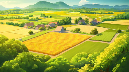 Canvas Print - Aerial view of lush green and golden yellow rice fields, agriculture, landscape, aerial, vibrant, rural, farm. Amber Grove. Illustration