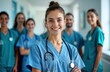 © Pete - Young nursing student, team pose in hospital. Medical professionals in scrubs. Happy expressions. Group portrait in clinic. Healthcare staff together for training work. Pro, friendly medical