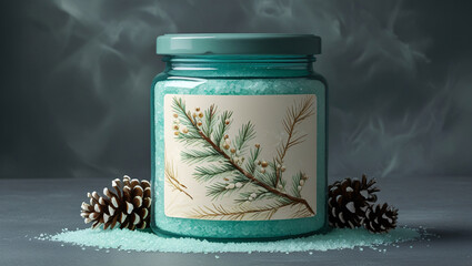 Wall Mural - Beautiful turquoise sea salt glass bottle with pine cones on nature themed backdrop for a calming and peaceful spa commercial beauty poster advertisement