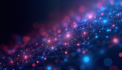 Leinwandbilder - Abstract tech background shows glowing blue, purple dots connected by lines. Futuristic network pattern. Complex interconnected system. Modern design. High tech. Cyberpunk style. Innovative tech.