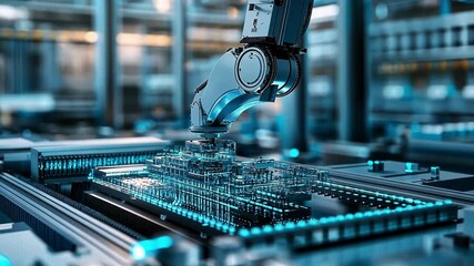Poster - modern robotic arm skillfully picking and placing microchips onto a glowing circuit board, showcasin