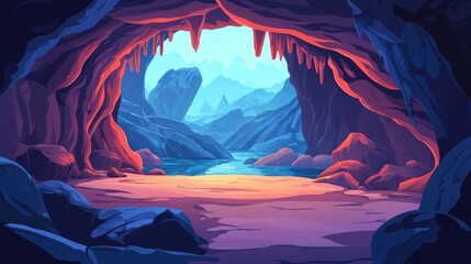 Wall Mural - Cave Entrance Opening to a Mountainous Landscape with a River