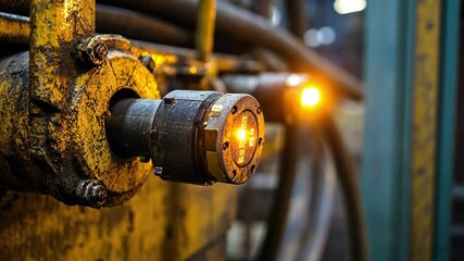 Poster - Blinking orange warning light on industrial machinery in a factory signals potential hazards, emphasizing the critical need for safety and maintenance in production environments