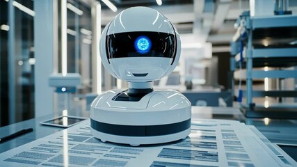 Poster - white ai robot standing on top of documents, analyzing data in a modern manufacturing facility, show