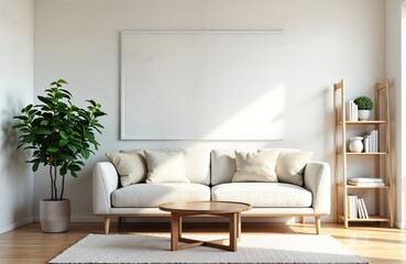 Poster - White living room interior design concept. Modern sofa with beige cushions, wooden coffee table. Empty frame on wall with sunlight casting shadows. Plant in corner. Wooden bookcase with decor