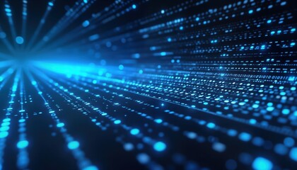 Poster - Abstract digital binary code stream. Futuristic data flow. Dynamic blue light pattern on dark blue background. Information processing concept. Modern technology, business analytics. Cybersecurity,