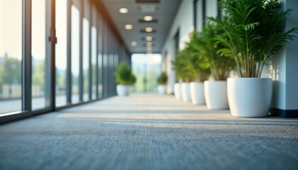 Poster - Empty modern office corridor with carpeted floor, potted plants. Bright light streams through large windows. Business building interior with clean lines, contemporary style. Spacious, comfortable