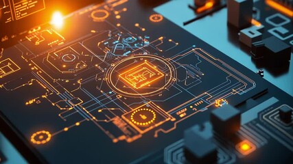 Aufkleber - orange glowing lines and symbols representing a futuristic manufacturing process are displayed on a 