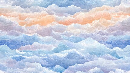 Poster - Abstract pastel waves in shades of peach, baby blue, and lavender, blending seamlessly to form a soft and harmonious pattern.