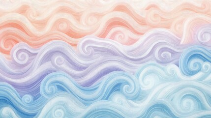 Poster - Abstract pastel waves in shades of peach, baby blue, and lavender, blending seamlessly to form a soft and harmonious pattern.