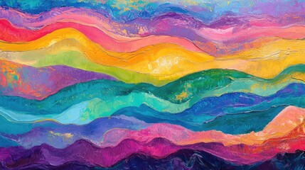 Poster - Abstract waves in vibrant rainbow colors flowing seamlessly, creating a dynamic and cheerful visual composition.