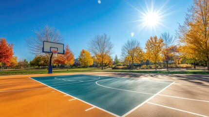 Poster - A basketball court in a community park, with clean lines, a net, and bright sunlight highlighting the court's vibrant colors.