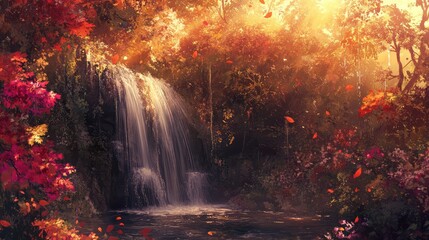 Poster - A beautiful waterfall cascading down a steep rock face, surrounded by bright autumn leaves and a tranquil forest atmosphere.