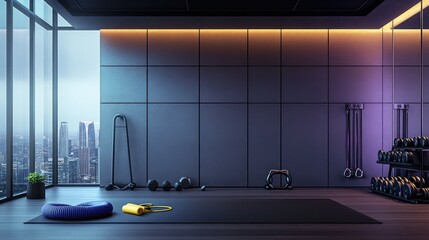 Poster - A clean workout setup with resistance bands, kettlebells, and a foam roller neatly placed in a modern gym.