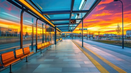 Poster - A deserted urban bus station with modern shelter designs, rows of seating, and sleek signage under vibrant sunset hues.