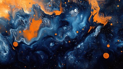 Poster - A dynamic explosion of blue and orange powders with intricate patterns of dispersal, evoking motion and energy.