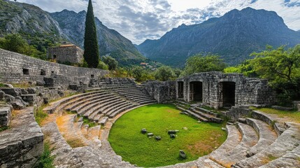 Poster - A historic architectural view of an ancient stone amphitheater surrounded by lush greenery and distant mountains.