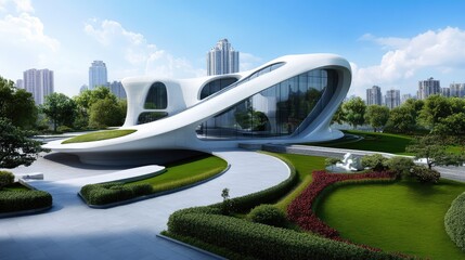 Poster - A modern architectural marvel featuring a curved, futuristic art museum surrounded by landscaped gardens.